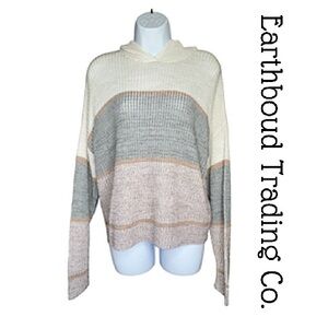 Earthbound Knit Boho Colorblock Hooded Knit Pullover Casual Sweater Size L NWT